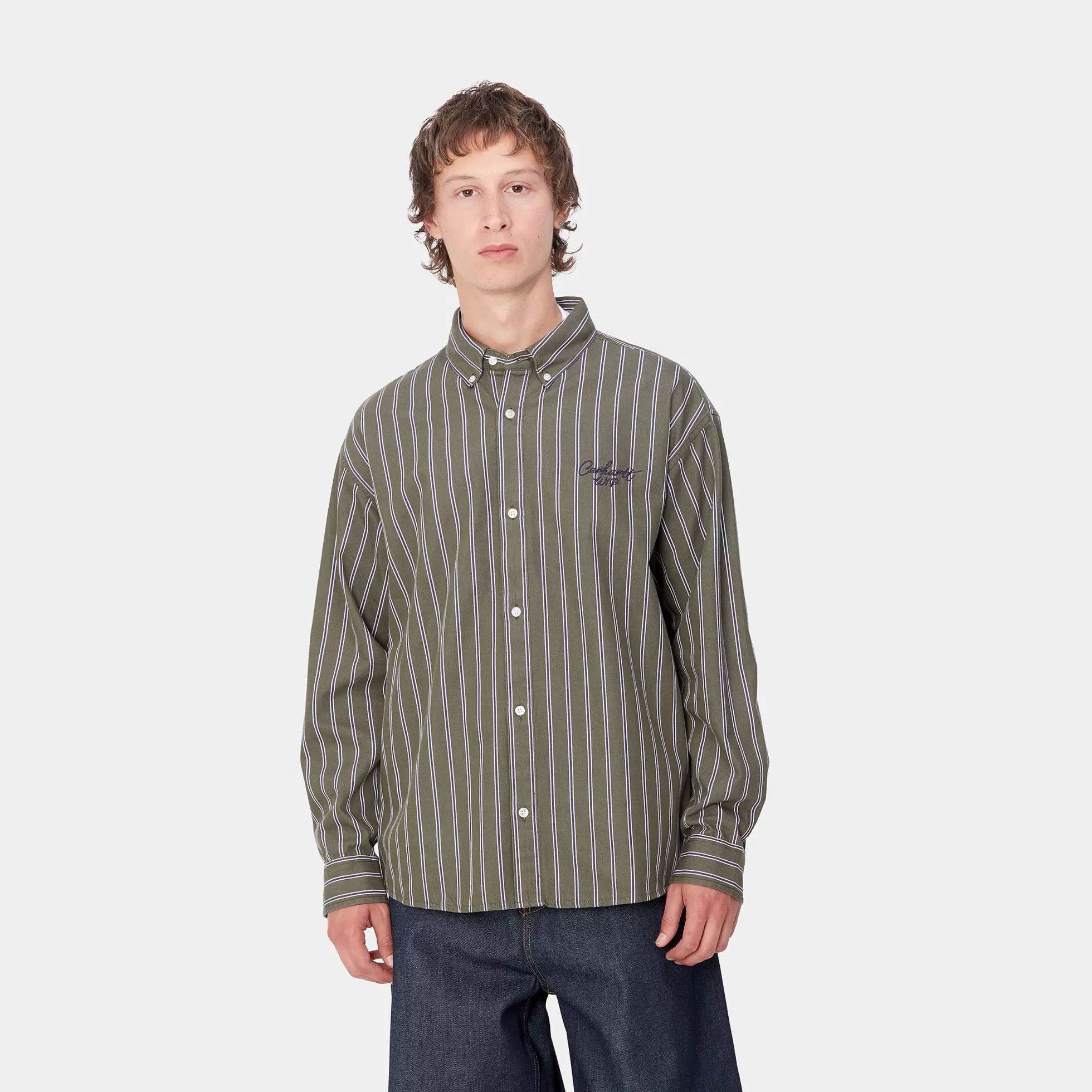 Chemises^Carhartt WIP L/S Signature Shirt Betz Stripe, Office Green / Aura