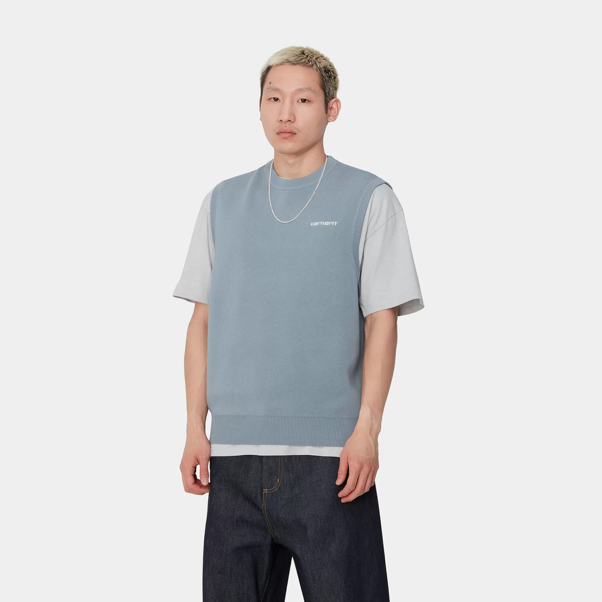 Sweats^Carhartt WIP Script Vest Sweater Misty Sky / White